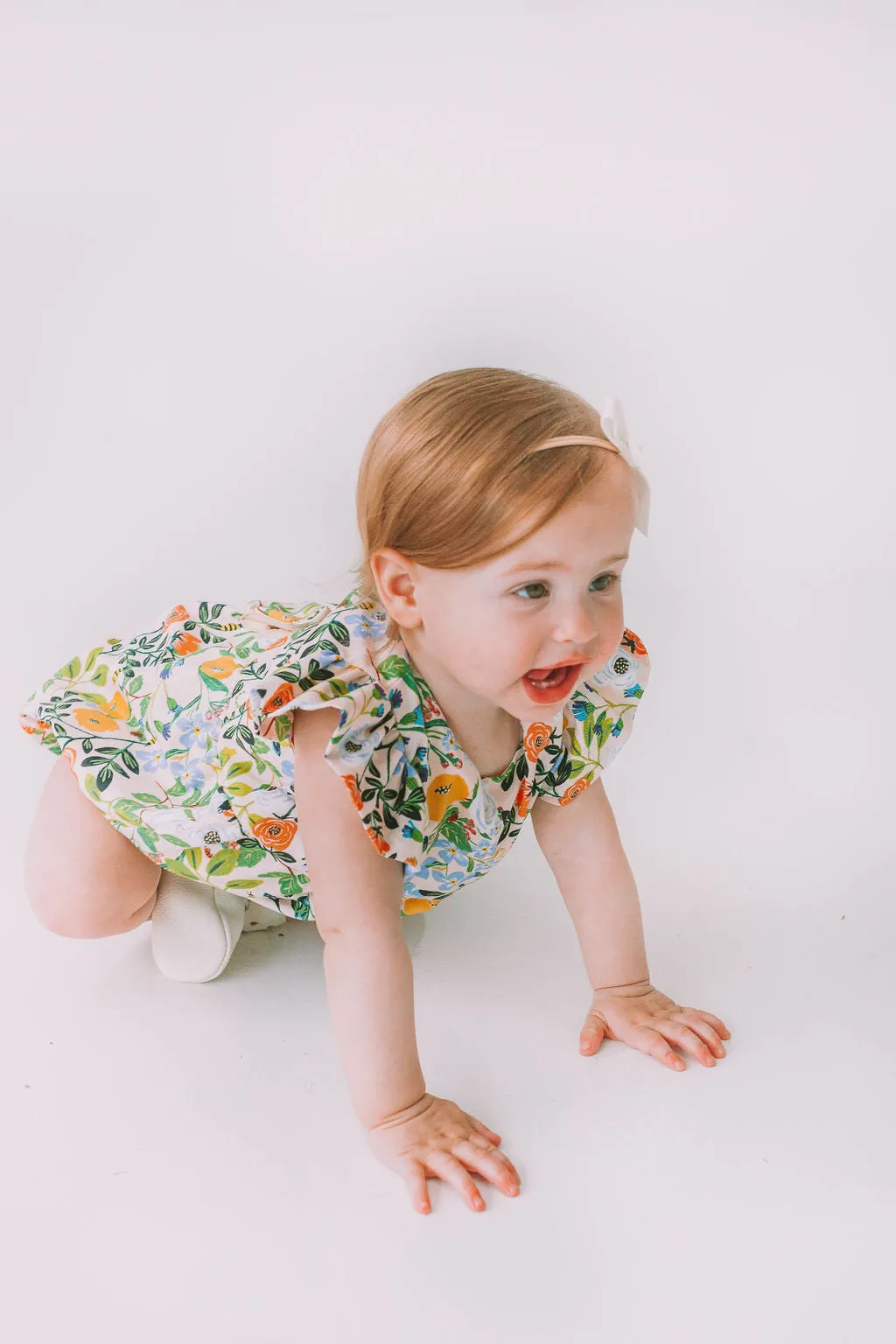 Infant Girl's Orange Blue and Green Botanical Floral Bubble Romper