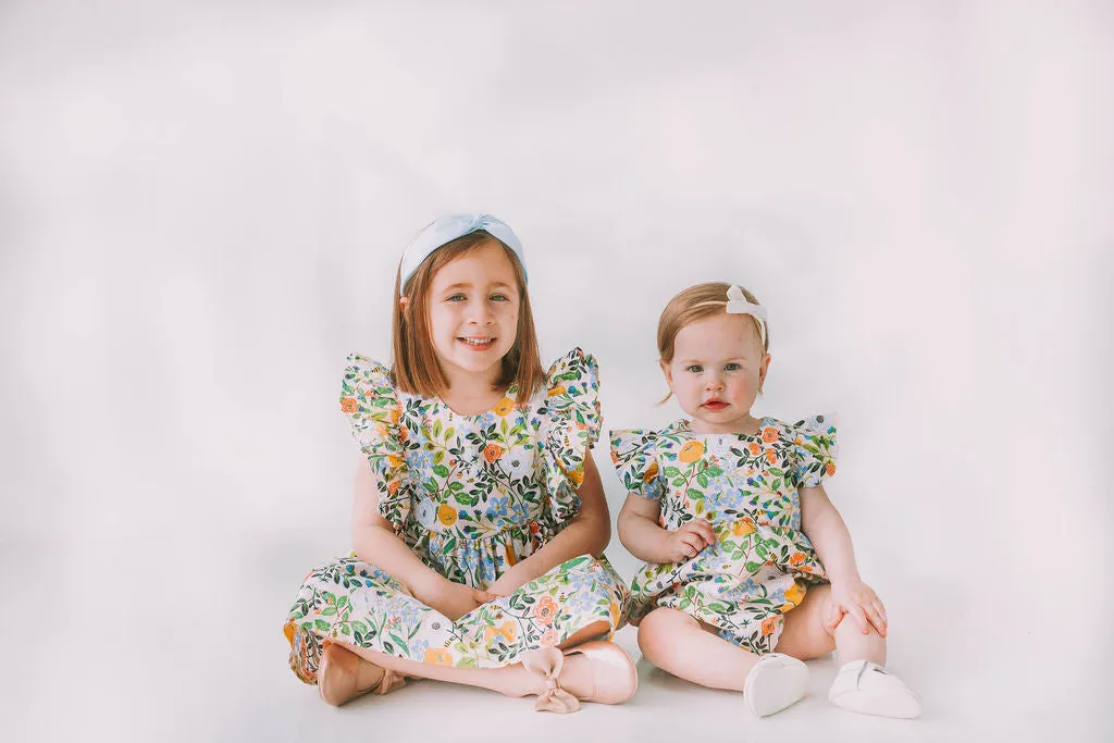 Infant Girl's Orange Blue and Green Botanical Floral Bubble Romper