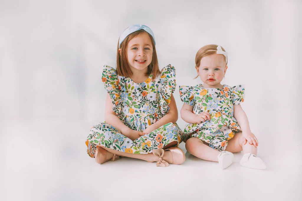 Infant Girl's Orange Blue and Green Botanical Floral Bubble Romper