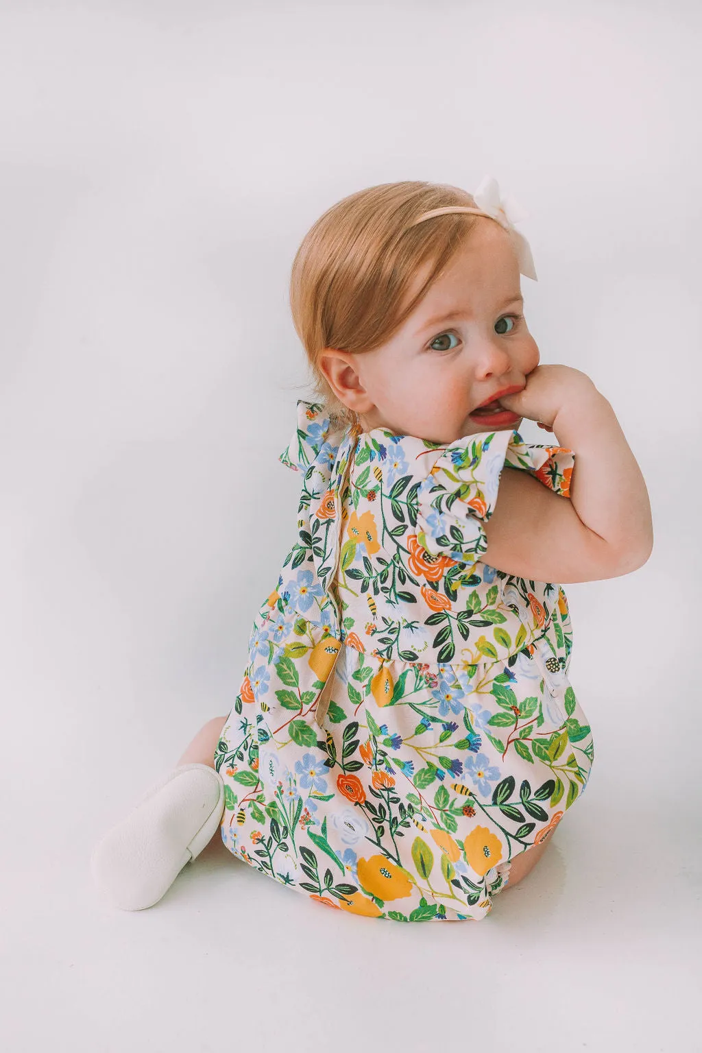 Infant Girl's Orange Blue and Green Botanical Floral Bubble Romper