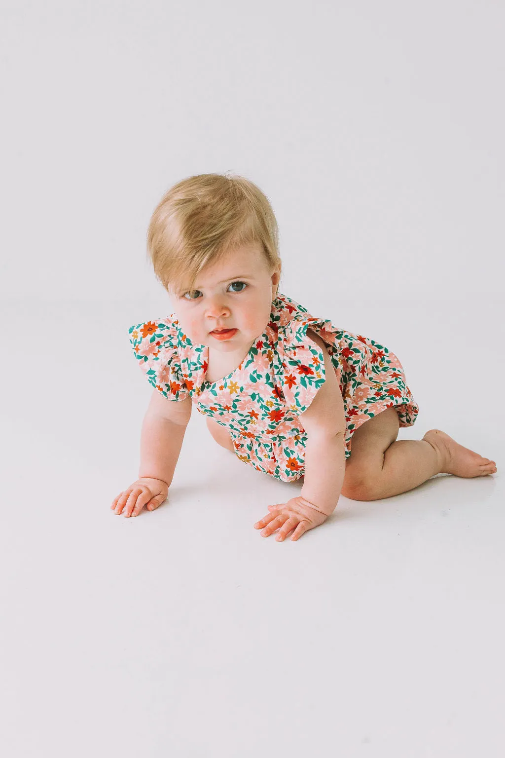Infant Girl's Pink Red and Gold Floral Bubble Romper