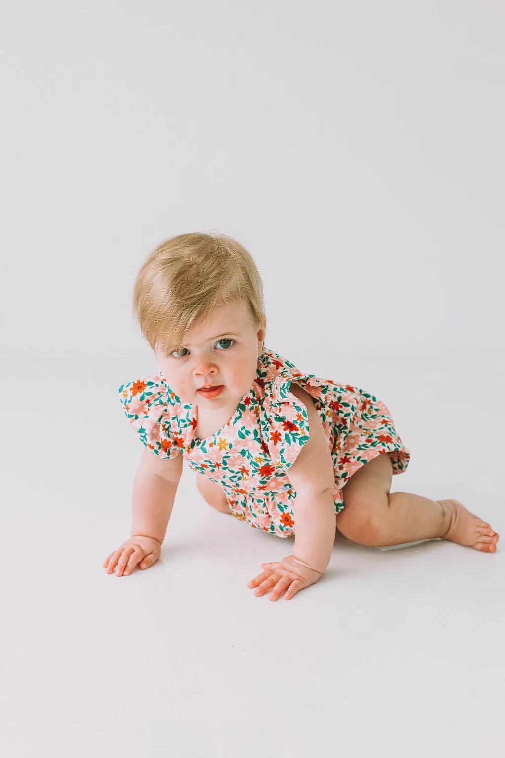 Infant Girl's Pink Red and Gold Floral Bubble Romper