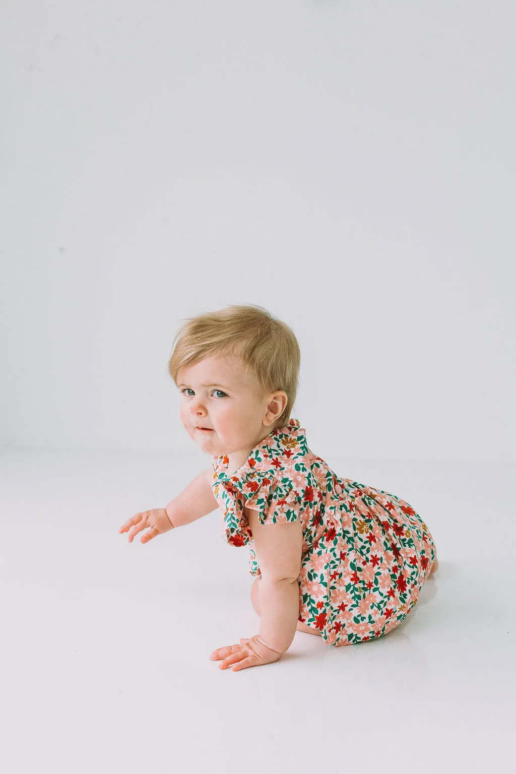 Infant Girl's Pink Red and Gold Floral Bubble Romper
