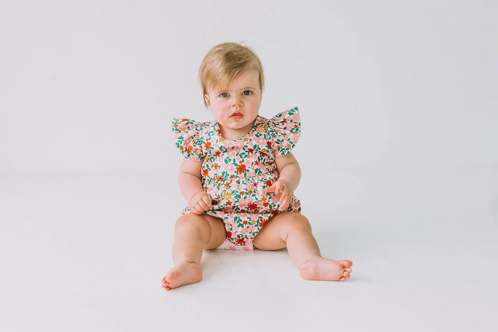 Infant Girl's Pink Red and Gold Floral Bubble Romper