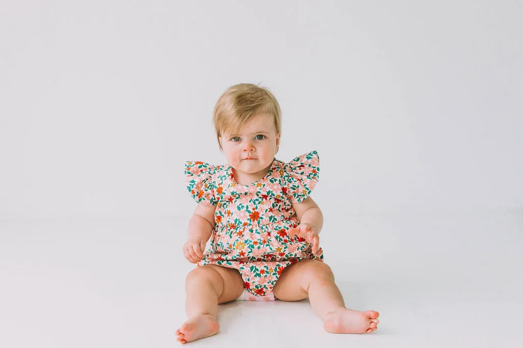 Infant Girl's Pink Red and Gold Floral Bubble Romper
