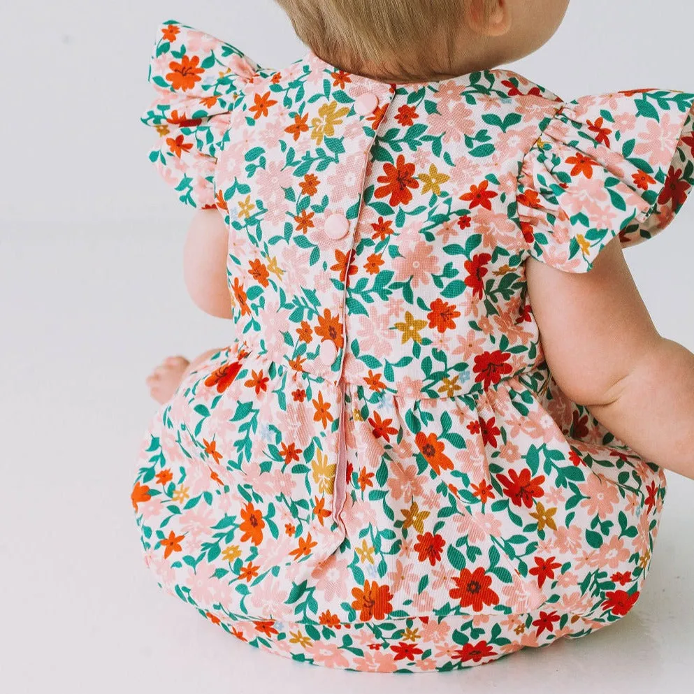 Infant Girl's Pink Red and Gold Floral Bubble Romper