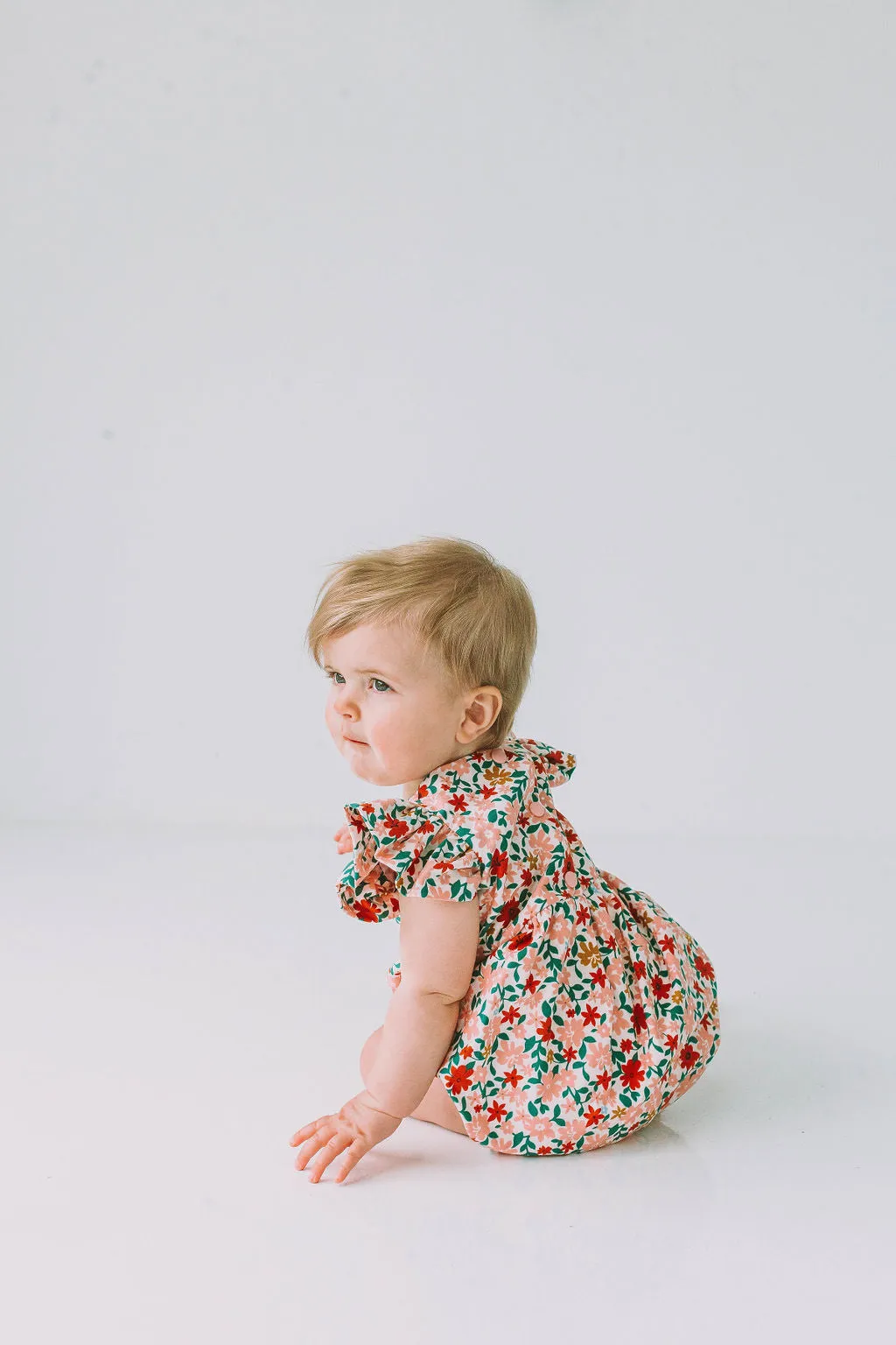 Infant Girl's Pink Red and Gold Floral Bubble Romper