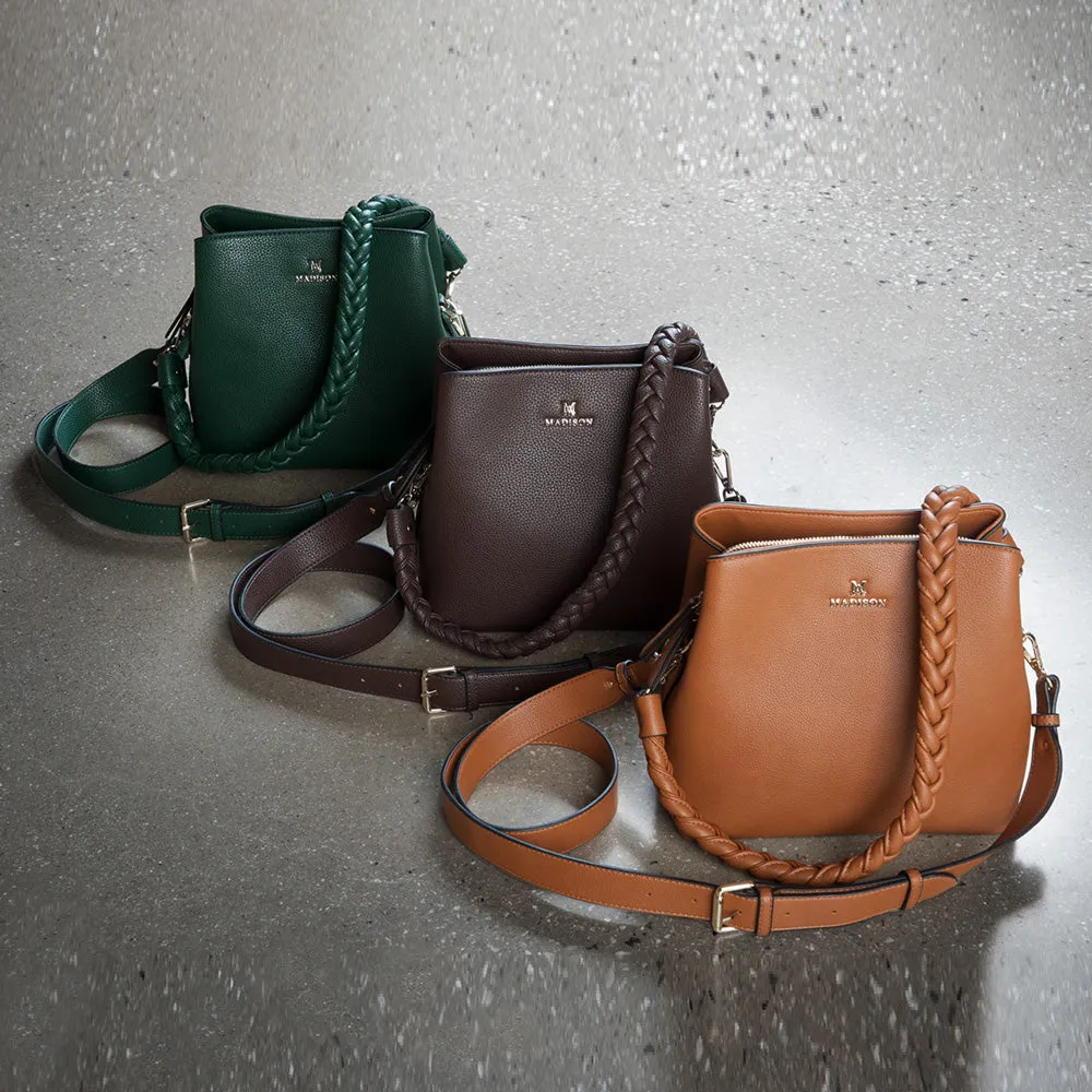 Joanie 3 Compartment Crossbody Bucket Bag   Plait Strap