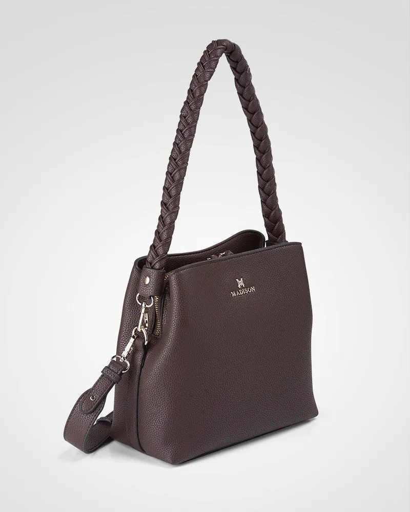 Joanie 3 Compartment Crossbody Bucket Bag   Plait Strap