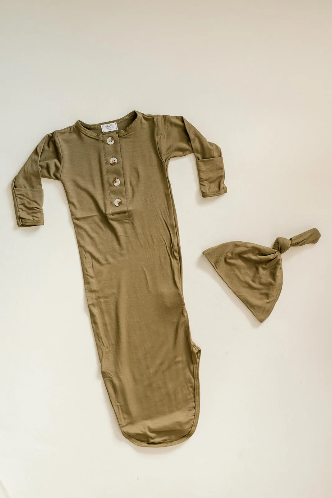 Knotted Baby Gown And Hat Set - Army Green (newborn-3 Months)