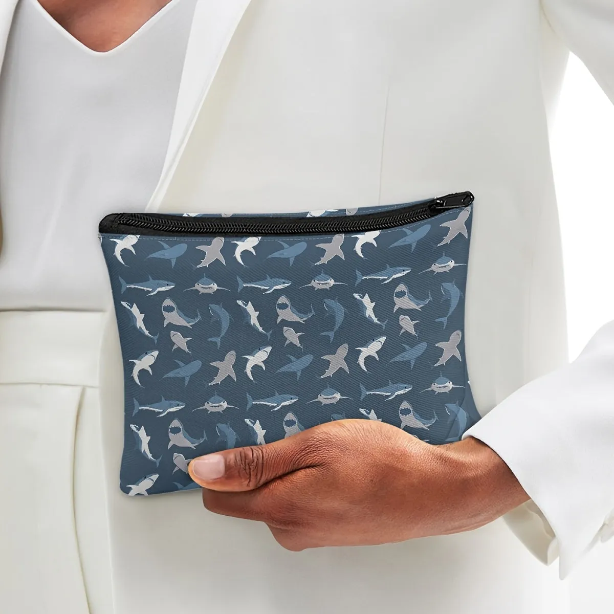 Makeup Bag Zipper Pouch - Cute Small Shark Pattern