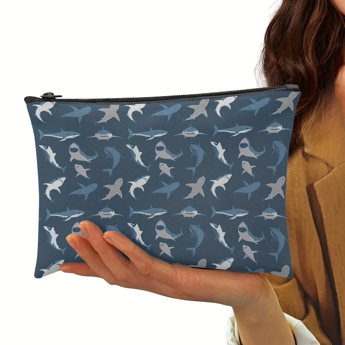 Makeup Bag Zipper Pouch - Cute Small Shark Pattern