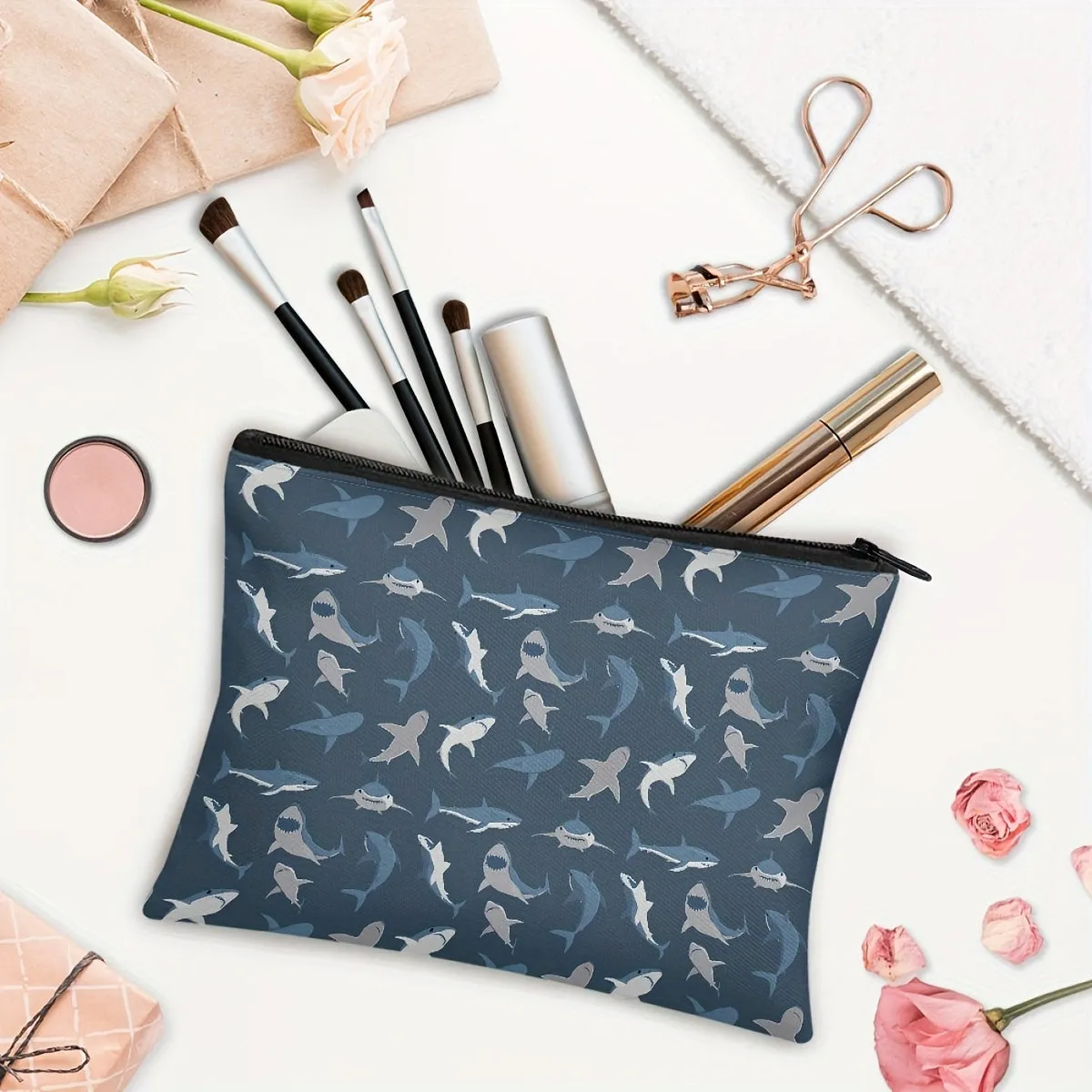 Makeup Bag Zipper Pouch - Cute Small Shark Pattern