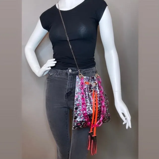 Metallic Pink Leopard Drawstring Crossbody Bag