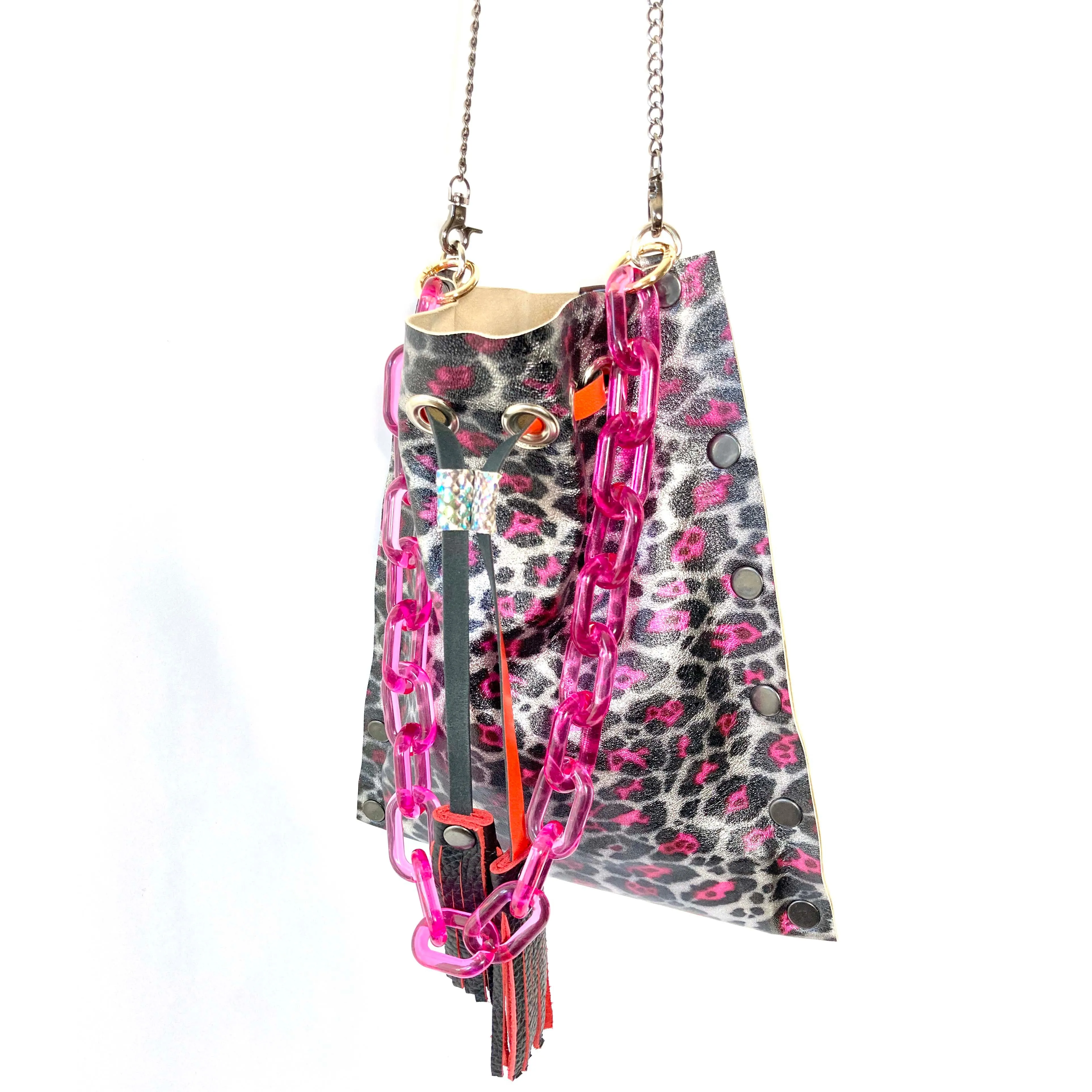 Metallic Pink Leopard Drawstring Crossbody Bag