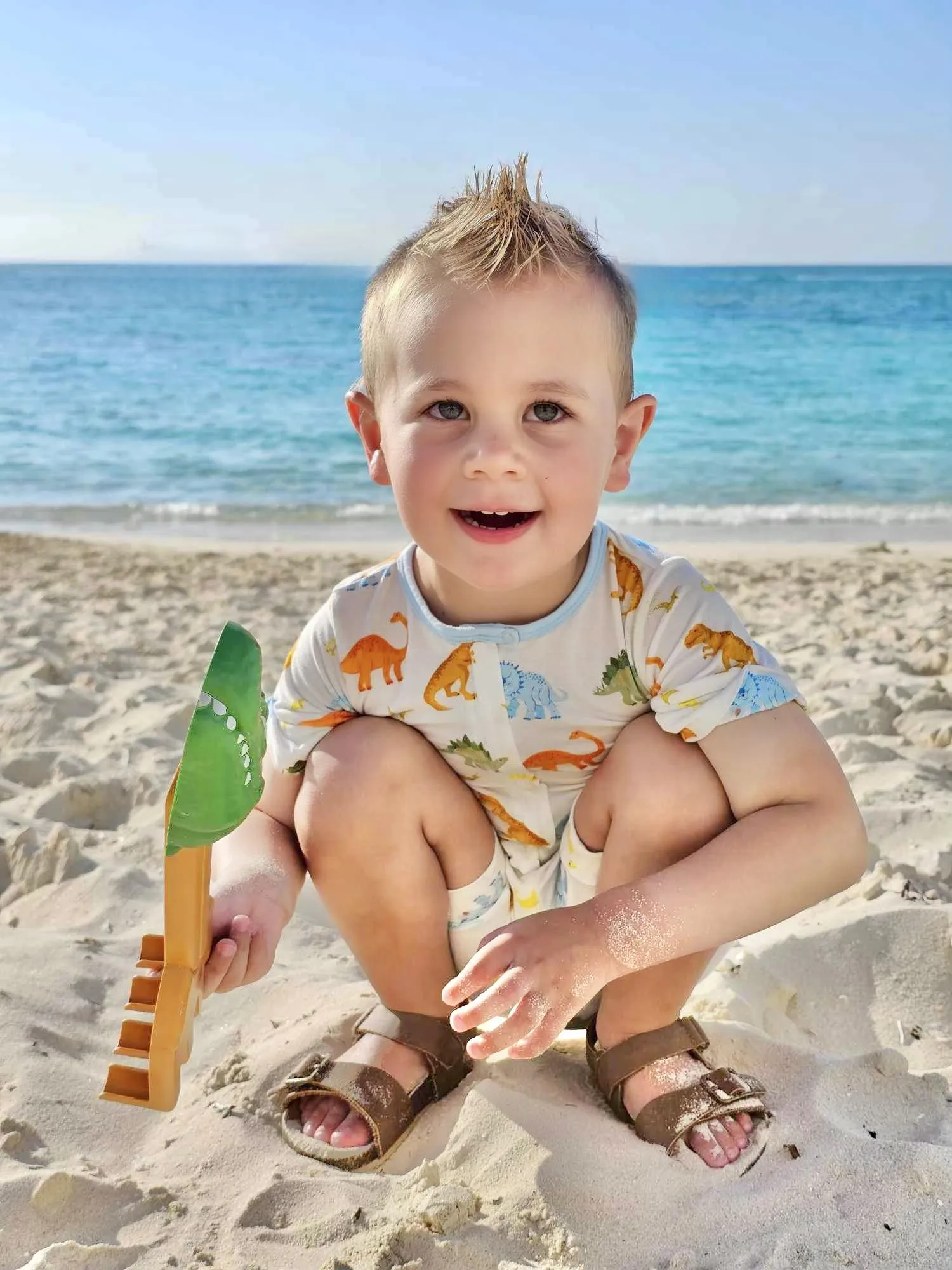 Powder Blue Jurassic Crew Short Two-Way Zippy Romper (0-3T)