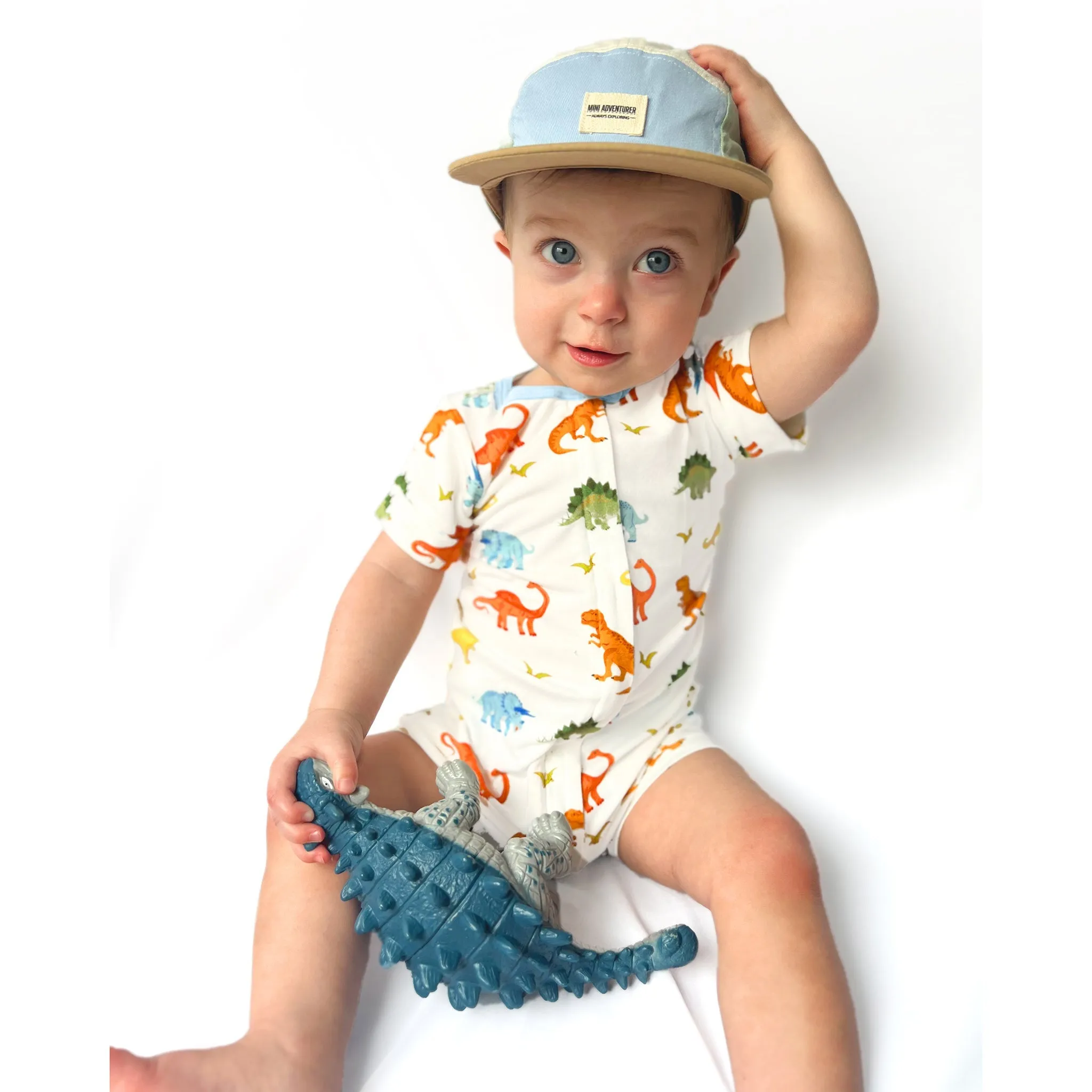 Powder Blue Jurassic Crew Short Two-Way Zippy Romper (0-3T)