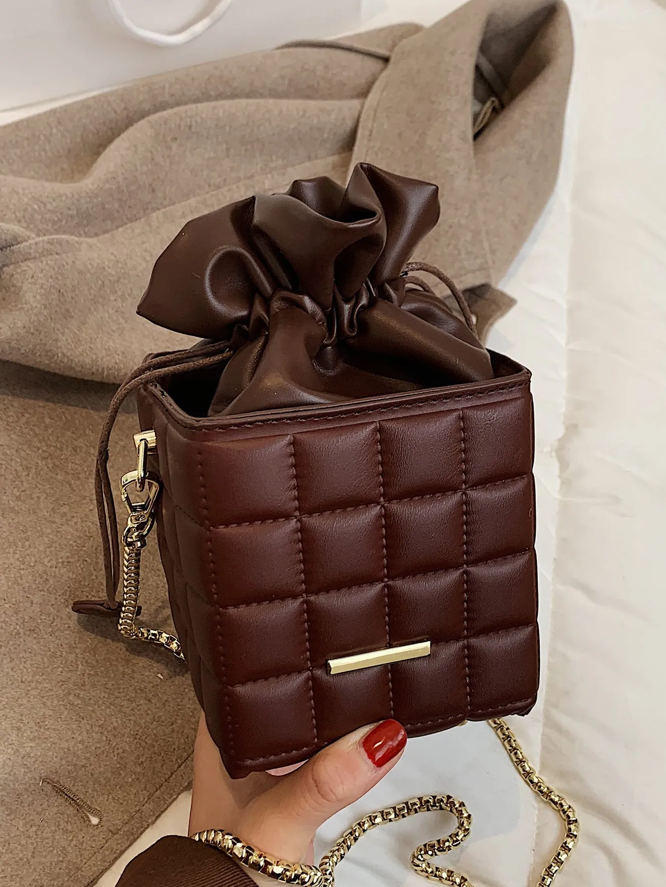 Quilted Drawstring Bucket Bag