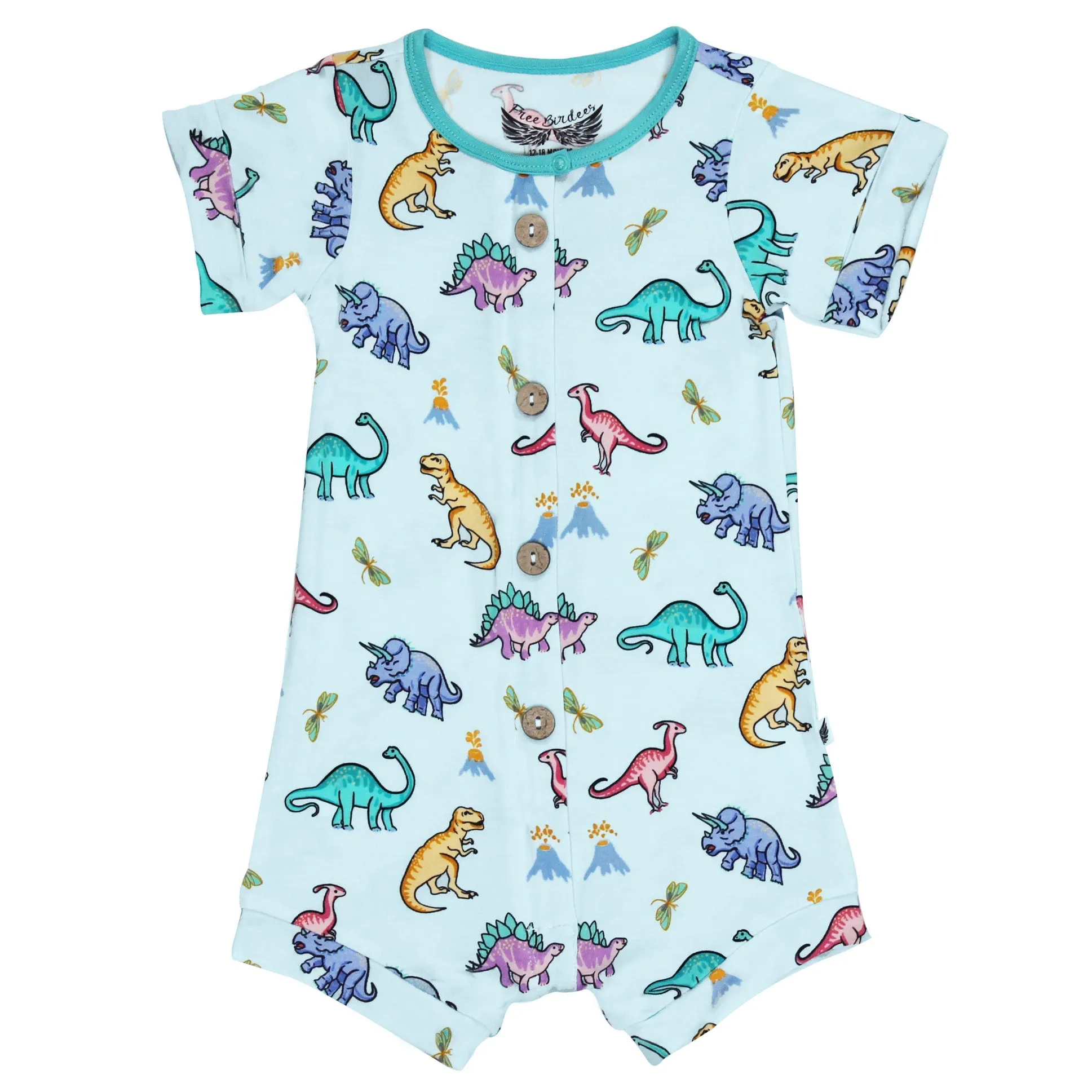Rawr Your World Dinos & Dragonflies Short Two-Way Zippy Romper with Faux Buttons (0-3T)