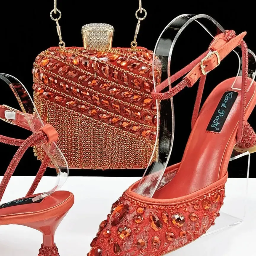 Rhinestone High Heel Sandals Handbag Set