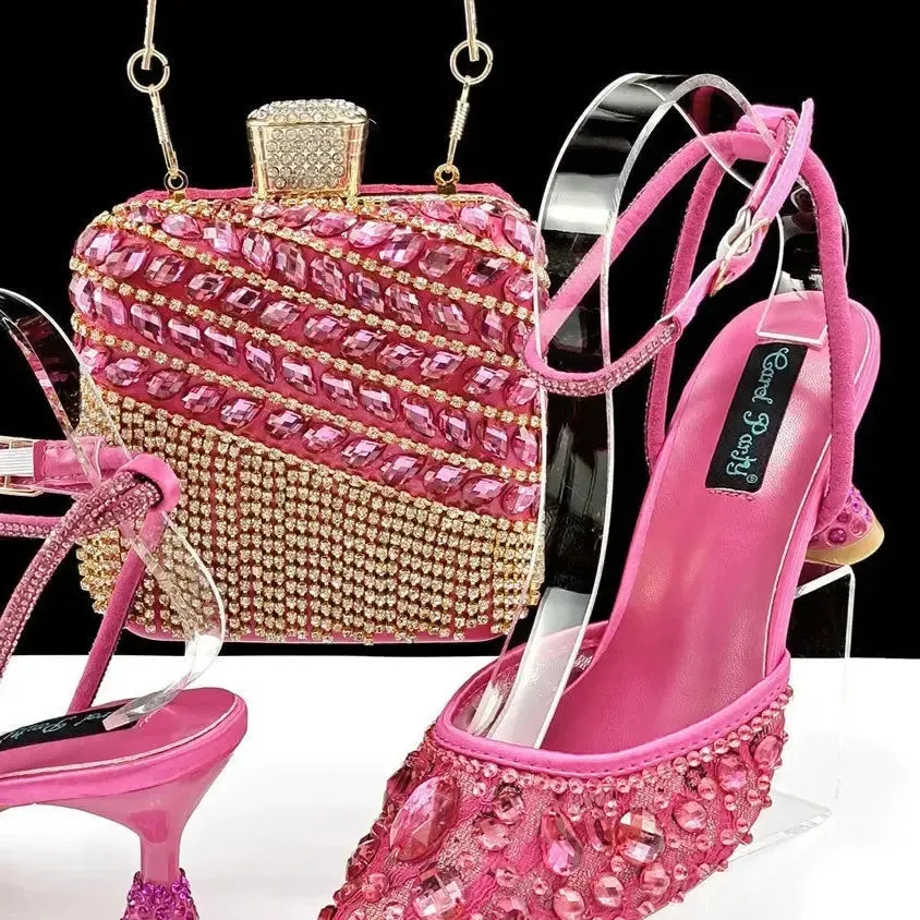 Rhinestone High Heel Sandals Handbag Set