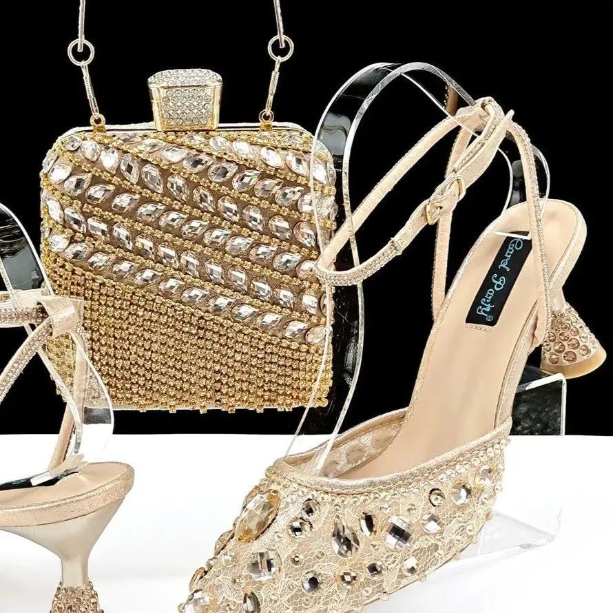 Rhinestone High Heel Sandals Handbag Set