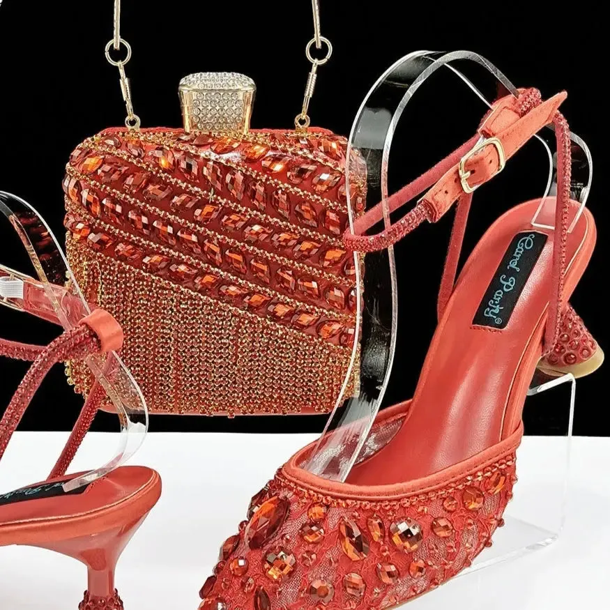 Rhinestone High Heel Sandals Handbag Set
