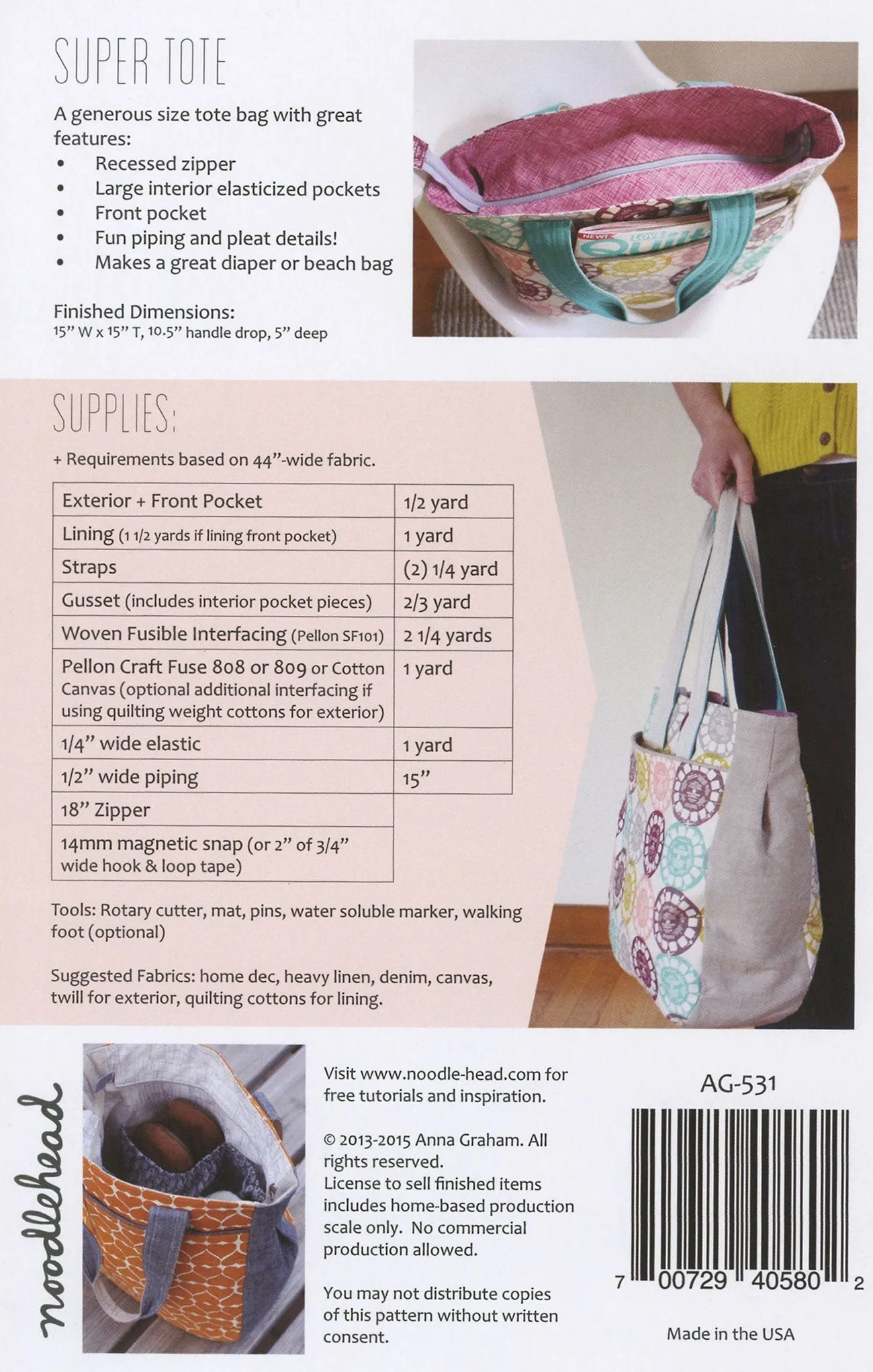 Super Tote by Noodlehead (Printed Paper Pattern)