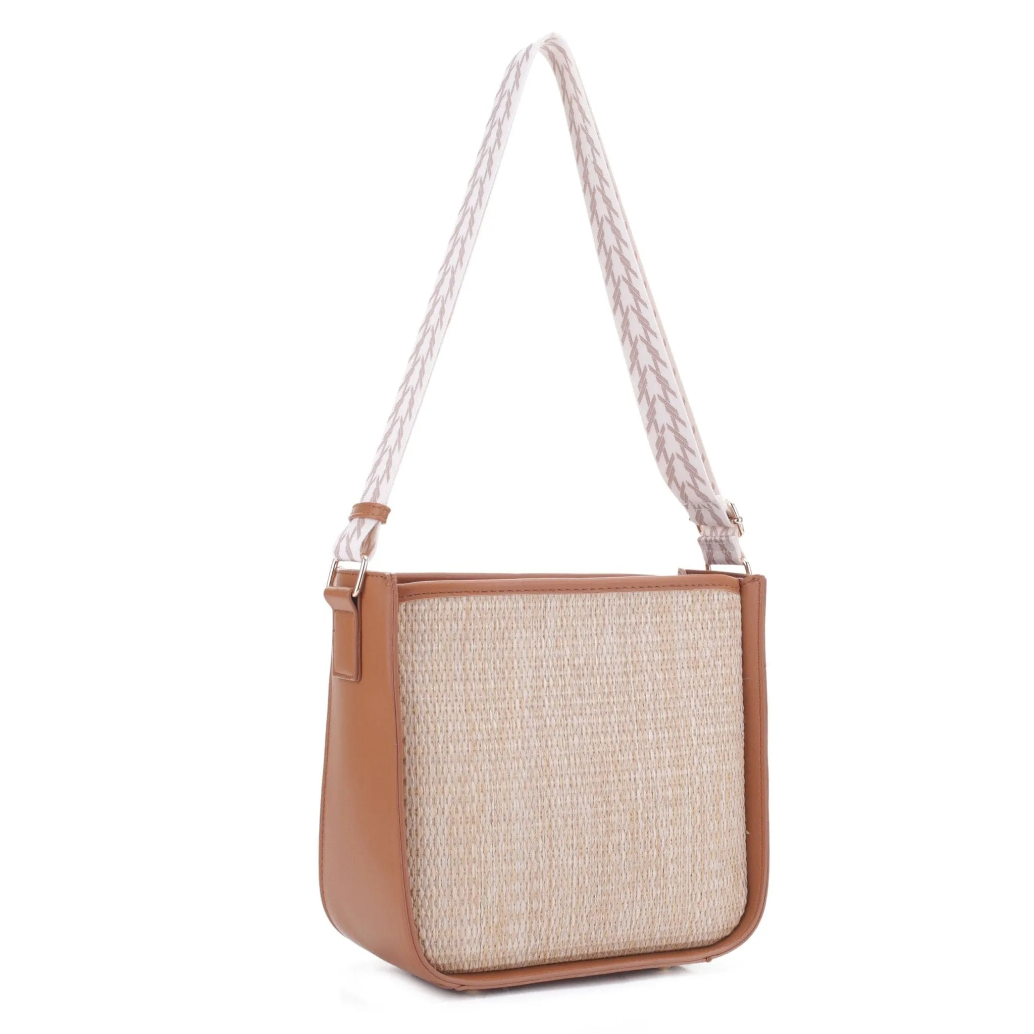 SW20383 Straw Crossbody Zipper Bag With Patterned Strap