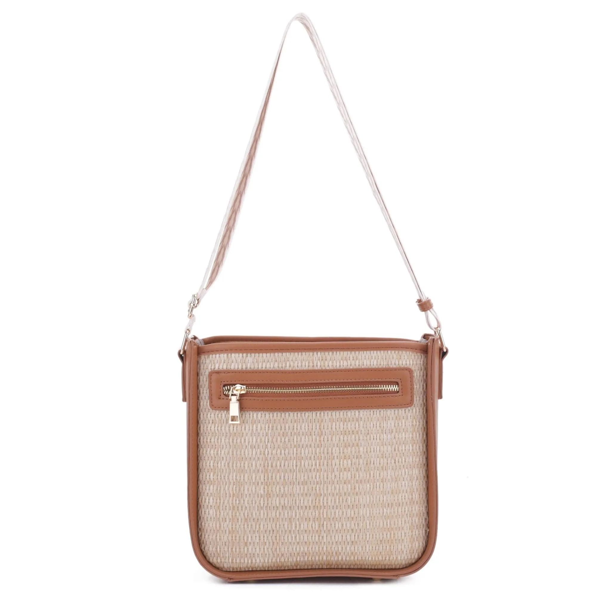 SW20383 Straw Crossbody Zipper Bag With Patterned Strap