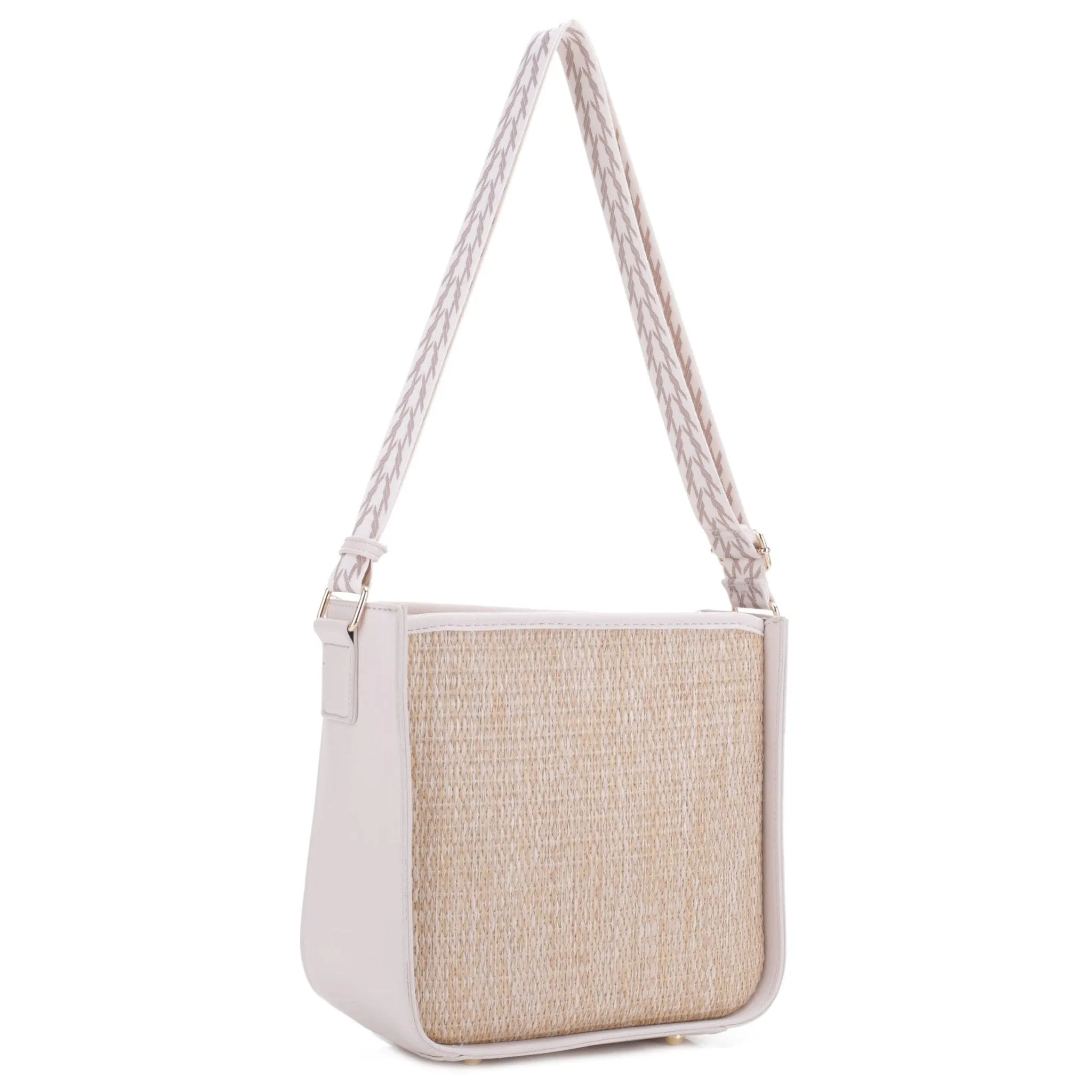 SW20383 Straw Crossbody Zipper Bag With Patterned Strap