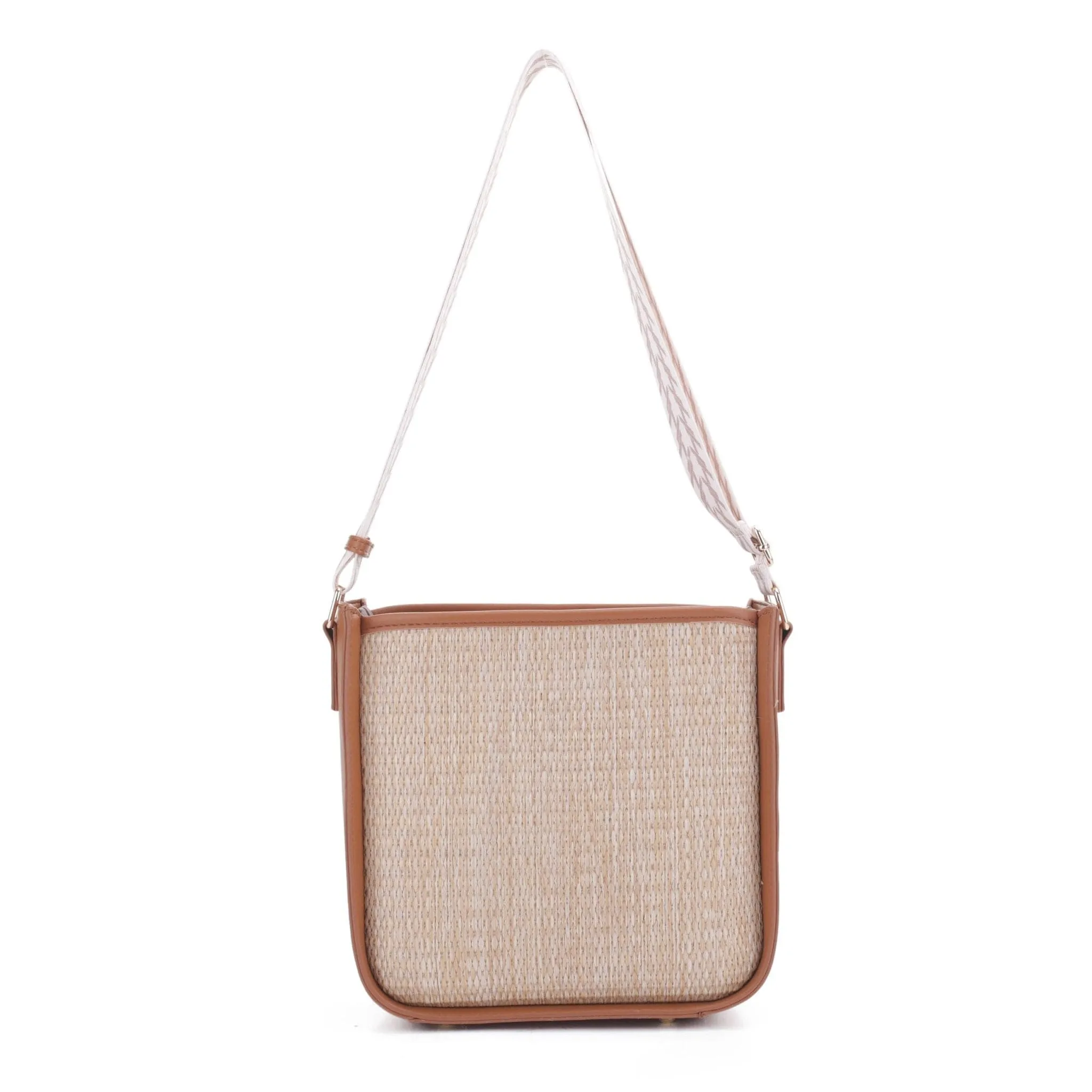 SW20383 Straw Crossbody Zipper Bag With Patterned Strap