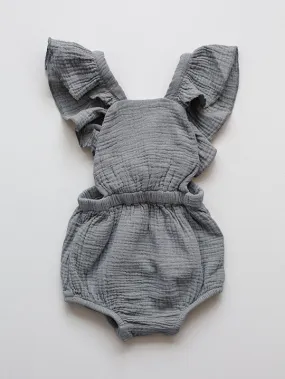 The Simple Folk Ruffle Romper | Lead Gray