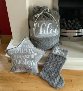 Velvet Feel Christmas  Sack - Grey