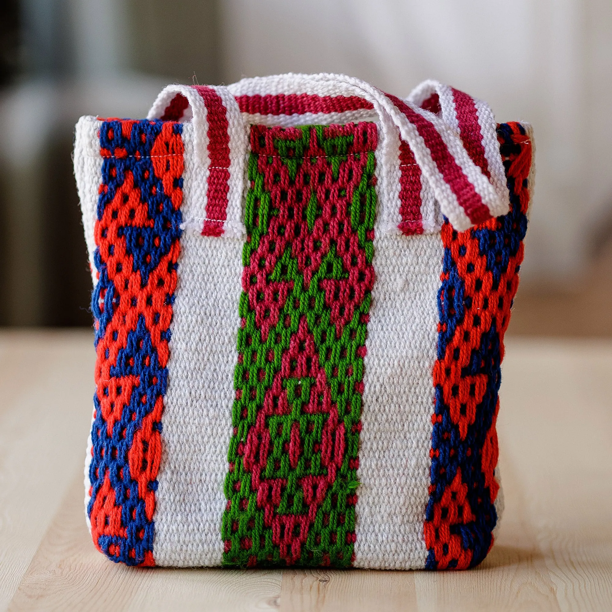 Woven Striped Geometric Patterned Cotton and Wool Tote Bag - Days of Traditions | NOVICA