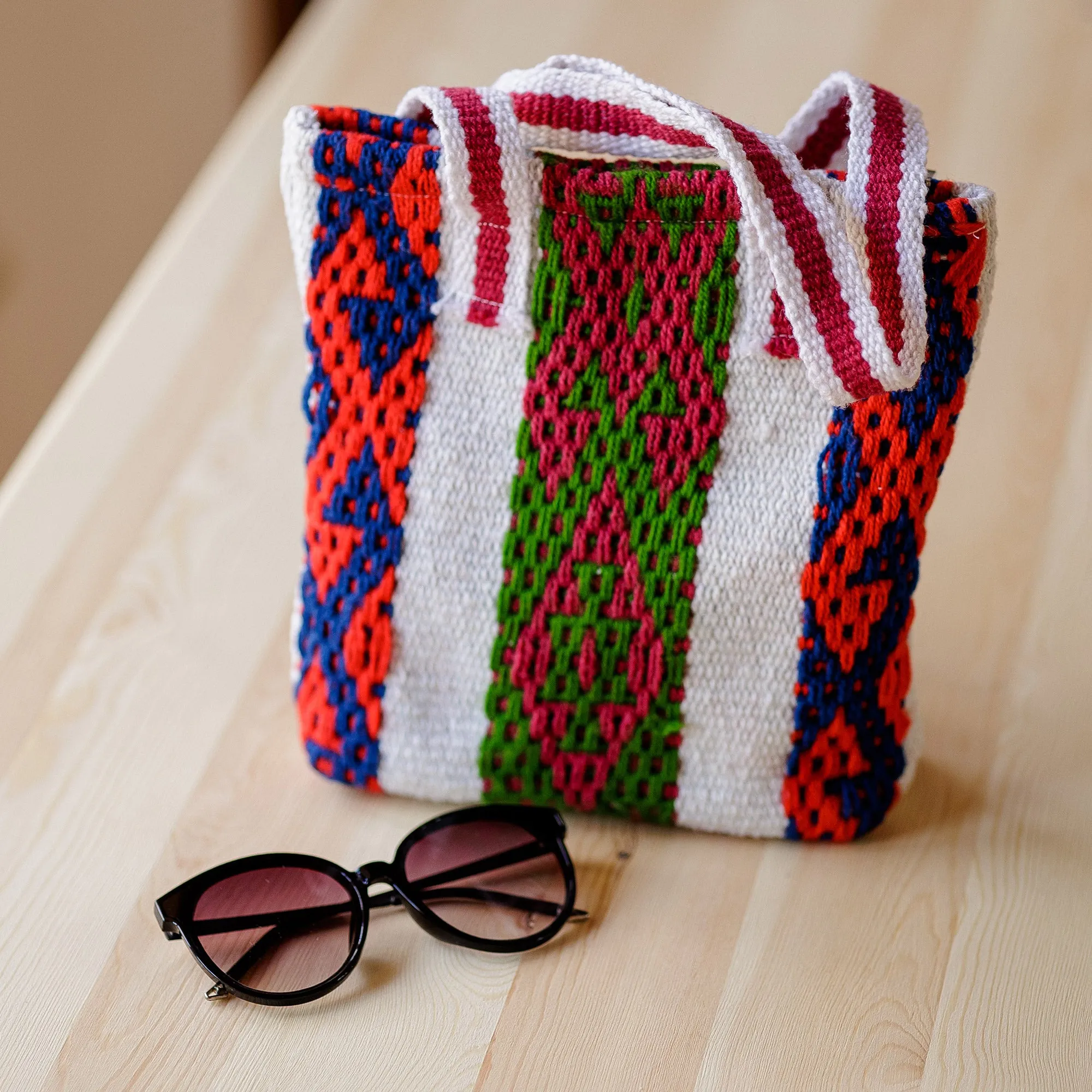 Woven Striped Geometric Patterned Cotton and Wool Tote Bag - Days of Traditions | NOVICA